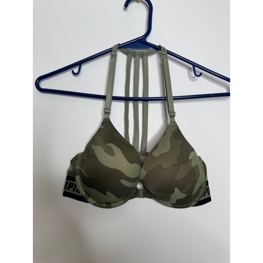 PINK Victoria's Secret Push Up Bra Womens 32C Green Camo Excellent Cage Back
